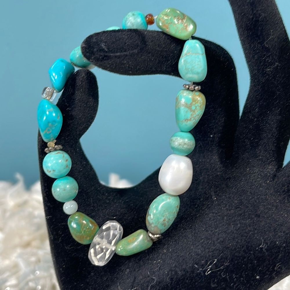 Peyote Bird 925 Silver Vintage Artisan Turquoise Pearl Stretch Bracelet - Picture 1 of 5